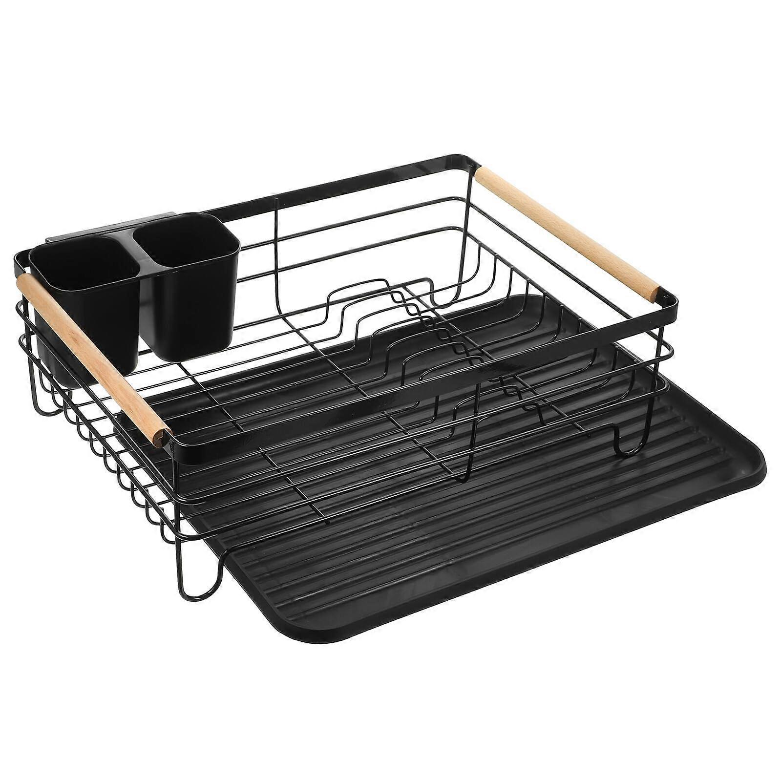 Dish Drying Rack with Cutlery Holder, Large Capacity Rustproof Iron Frame with Drain Tray for Kitchen Counter
