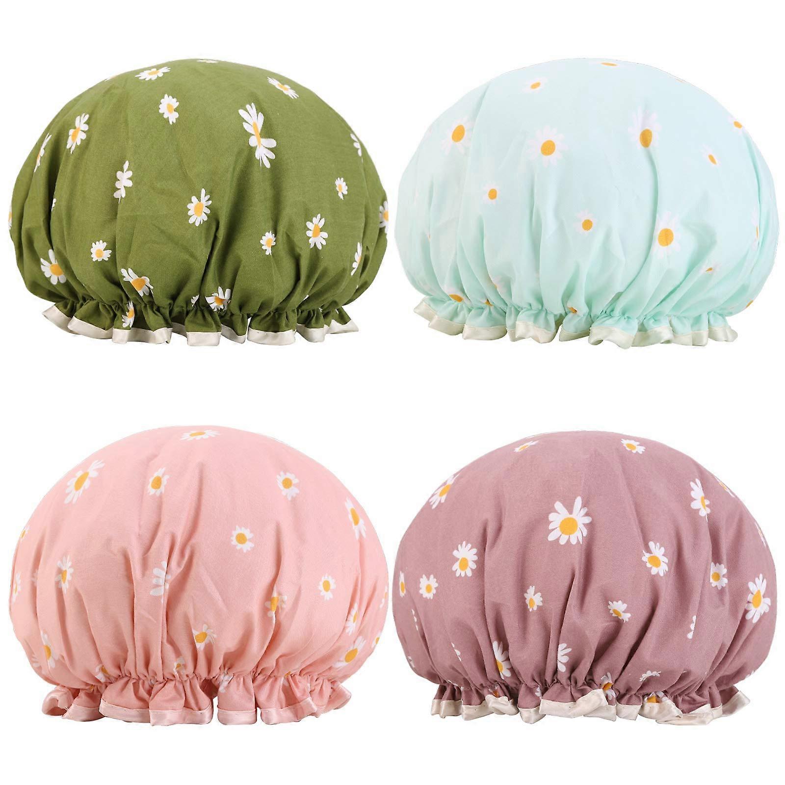 Shower Caps 4 Pack Waterproof Double Layer Elastic Fit Daisy Pattern Hair Protection for Women