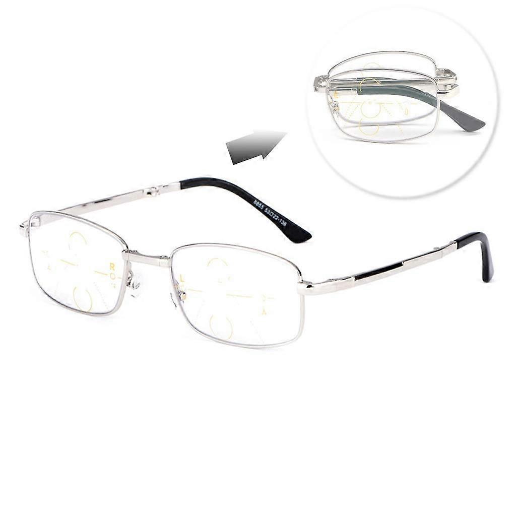 Silver Folding Progressive Multifocus Reading Glasses Blue Light Blocking Compact Design +1.50