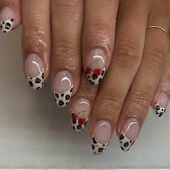 24pcs Short French Almond Artificial Nail with Leopard Cherries Patterns Glues Press on Nail for Easy At Home Nail Art