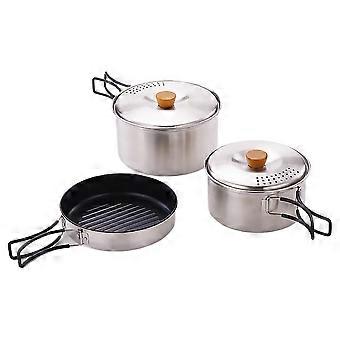 Conjunto de utensílios de cozinha de aço inoxidável para camping, mochilão e trilhas ao ar livre.