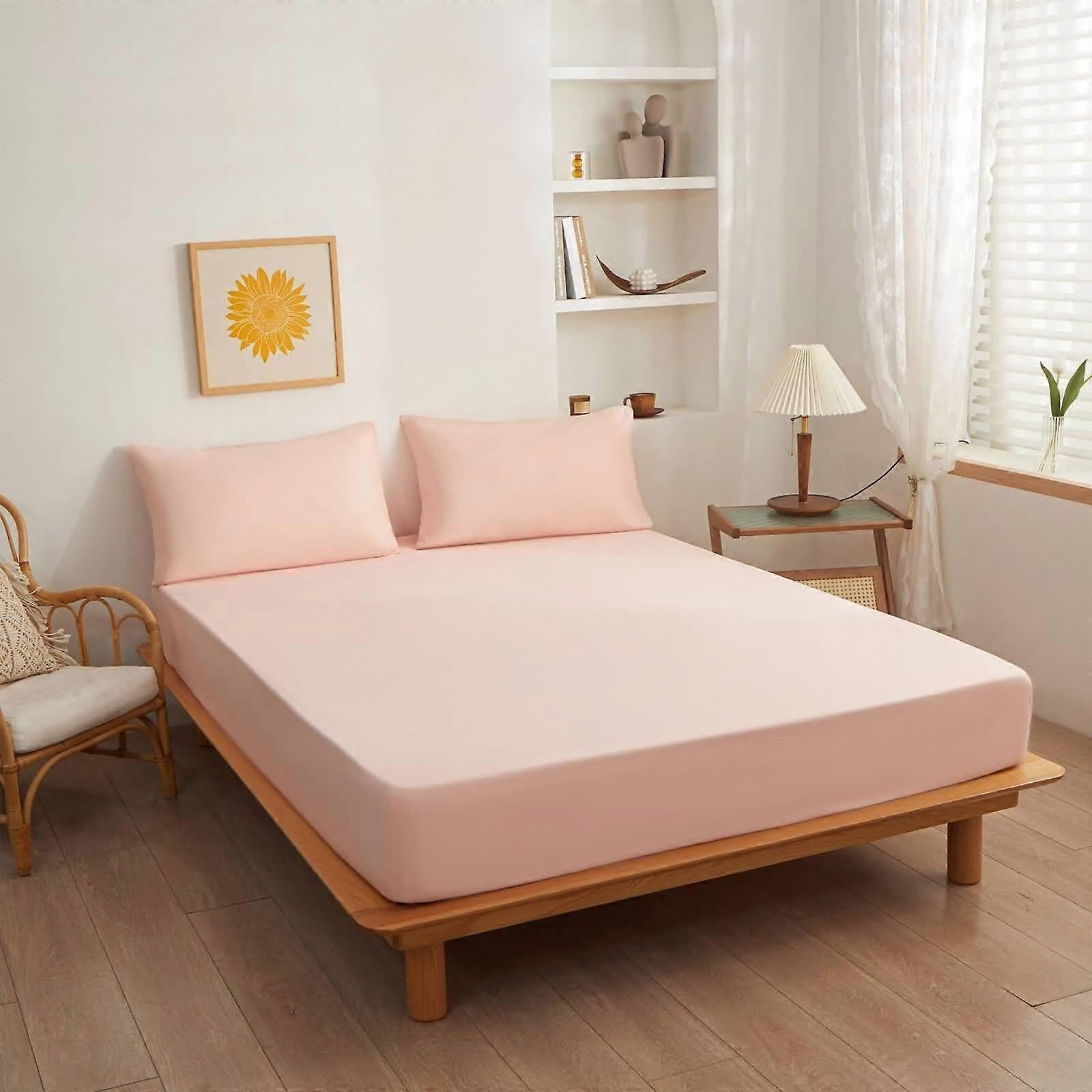 Light Pink King Size Bed Sheets Set Soft Polyester Deep Pocket Fitted Sheet with 2 Pillowcases