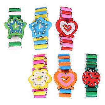 Wooden Handwatch Toy for Kids Playing with 6Pcs Cartoon Wooden Wristwatches