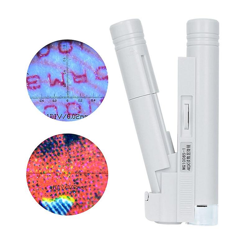 40X White Dual-tube Shaped Pocket Microscope With Led Light And Reading Scale Led Llumination Magnifier 1div/0.05mm