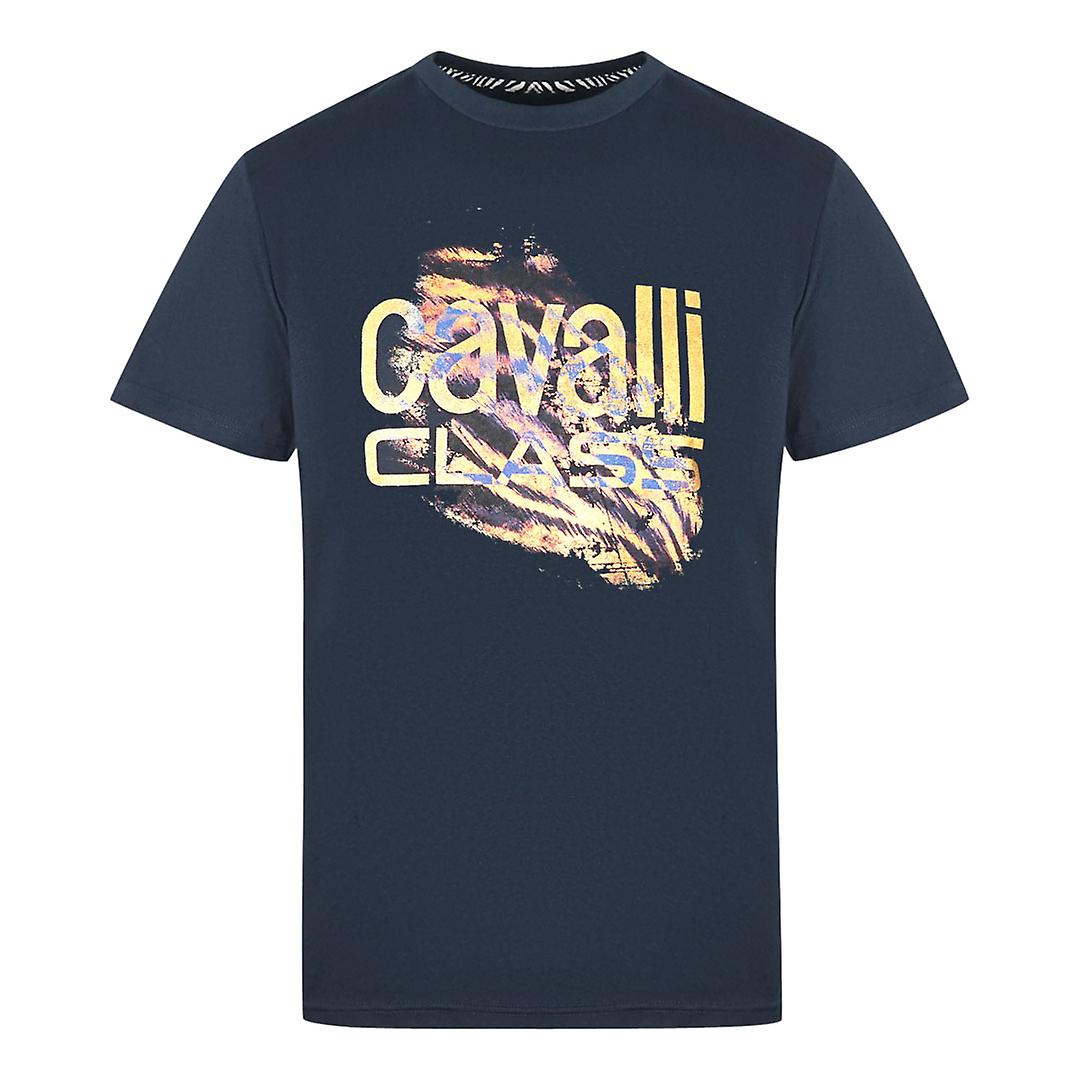 Cavalli Class Slashed Tiger Print Bold Logo Navy T-Shirt
