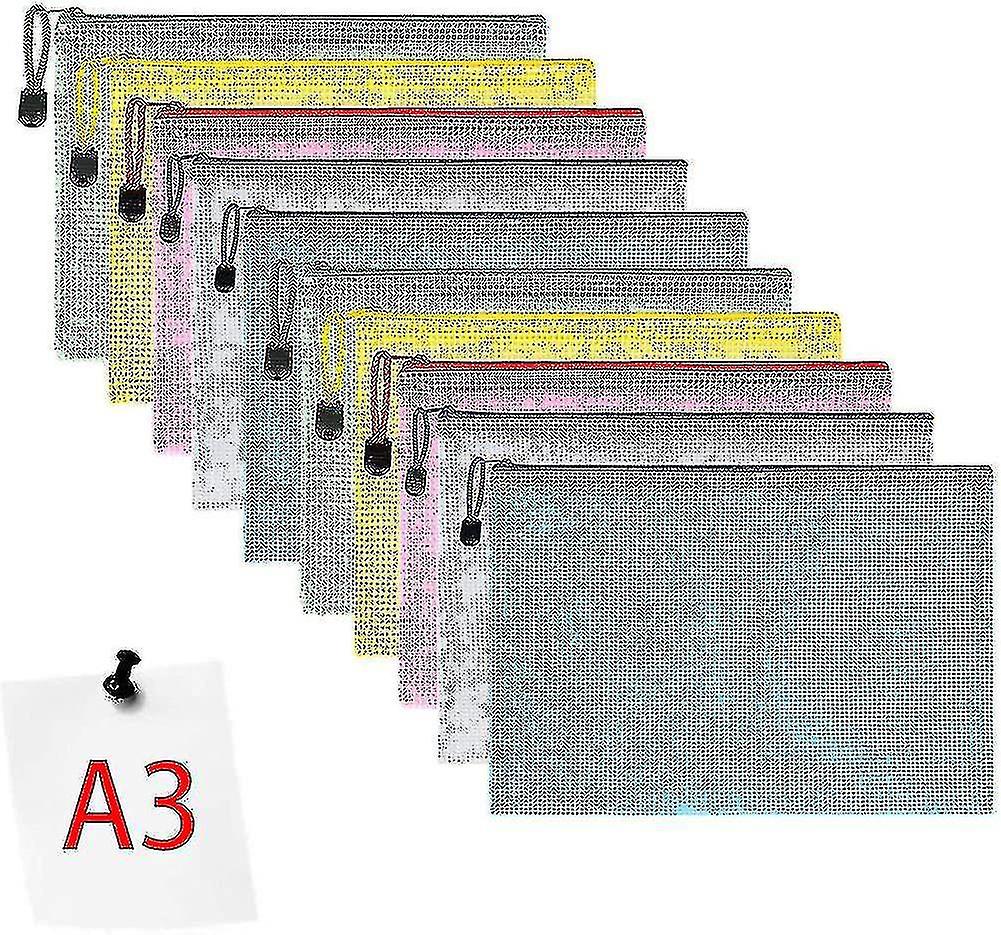 Document Pocket A3, 10 Pieces A3 File Zippered Pockets, Mesh Plastic Zippered