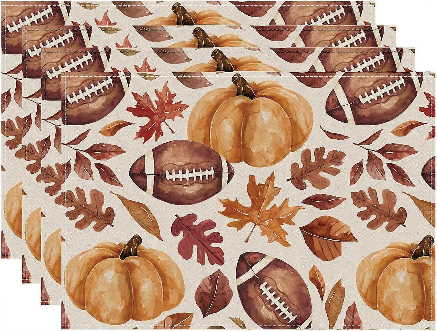Fall Football Maple Leaf Pumpkin Placemats Set of 4 Table Mats Autumn Table Decorations 12X18inch