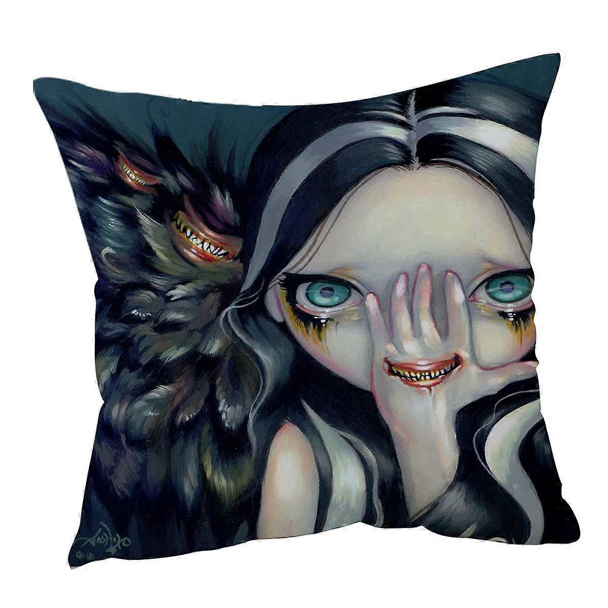 Scary Gothic Art Speak No Evil Yokai Demon Girl Cushion Cover