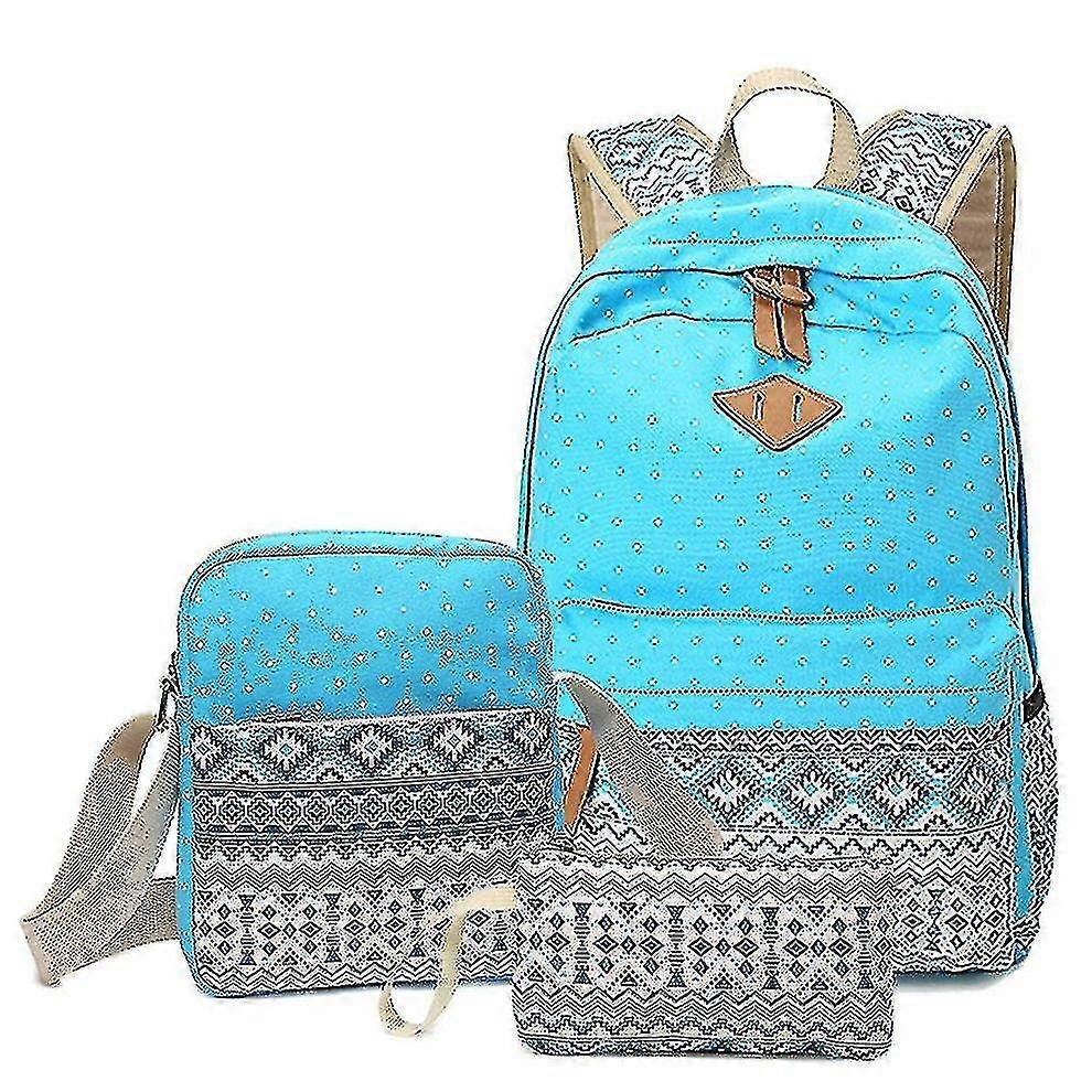 canvas backpack women's casual student schoolbag three-piece setsky blue