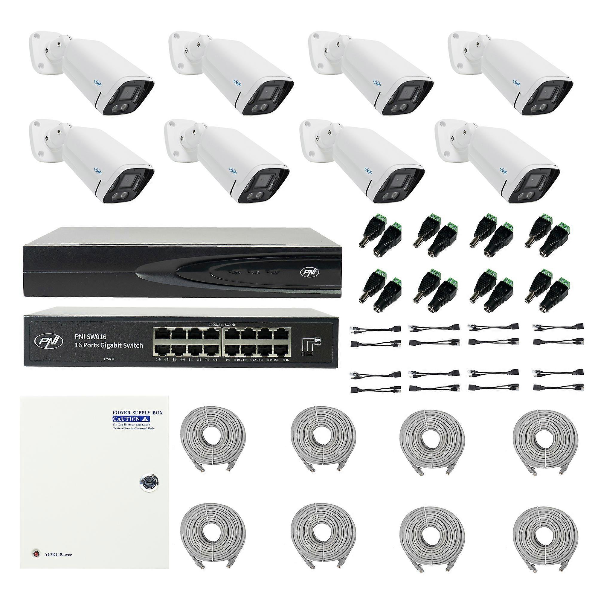 PNI House IP816 NVR package with 8 PNI IP740 4MP cameras, source, switch, cables, plugs and splitters