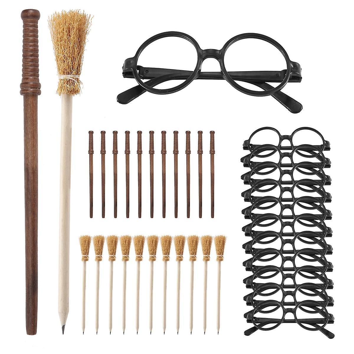 36 Pcs Witch Broom Pencil and Wands Pencils and Glasses with Round Frame No Lenses,Wizard Wands The