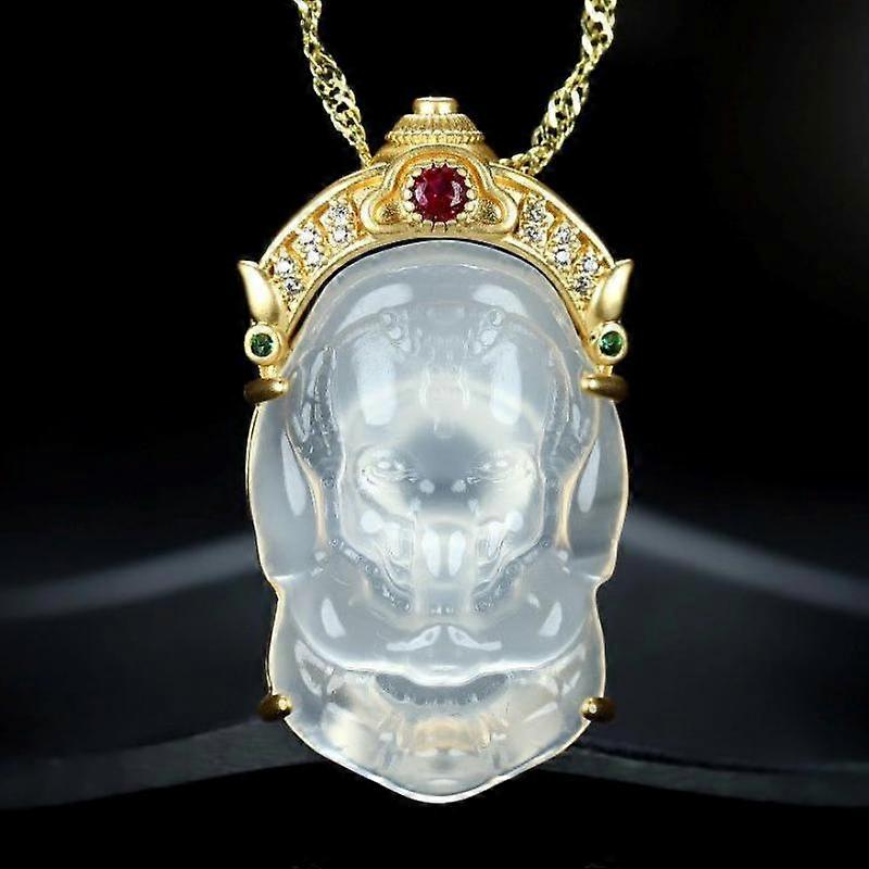 Natural White Jade Elephant God Pendant With Zircon Ruby Emerald