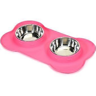 Hundefoderskåle Rustfrit stål Kæledyrsskåle & Hundevandskåle med spildfri og skridsikker, foderskåle med hundeskålsmåtte til hunde Katte og kæledyr-Pink, 24