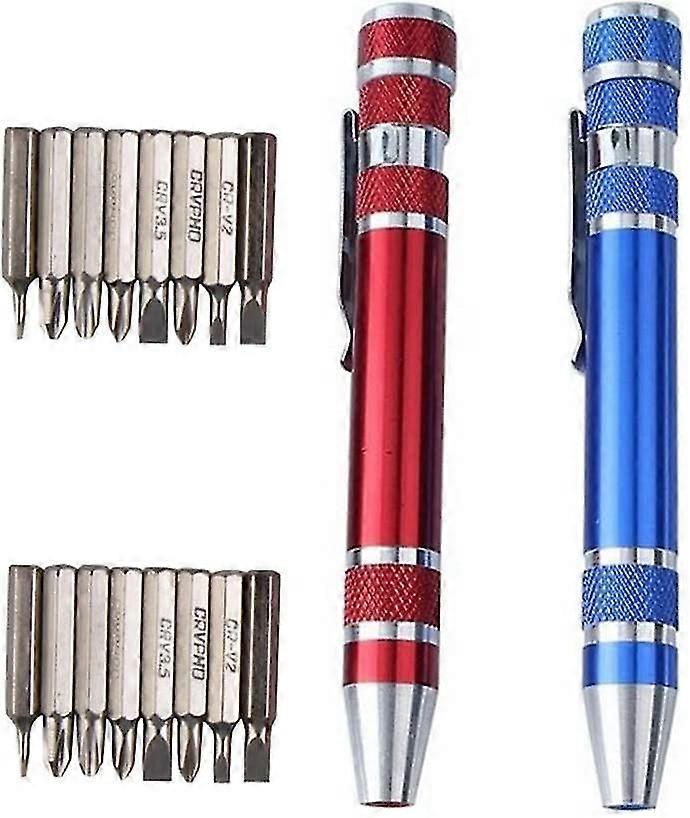 2 pieces 8 in 1 precision screwdriver set, screwdriver bits, slotted repair design ballpoint pen(red+blue)