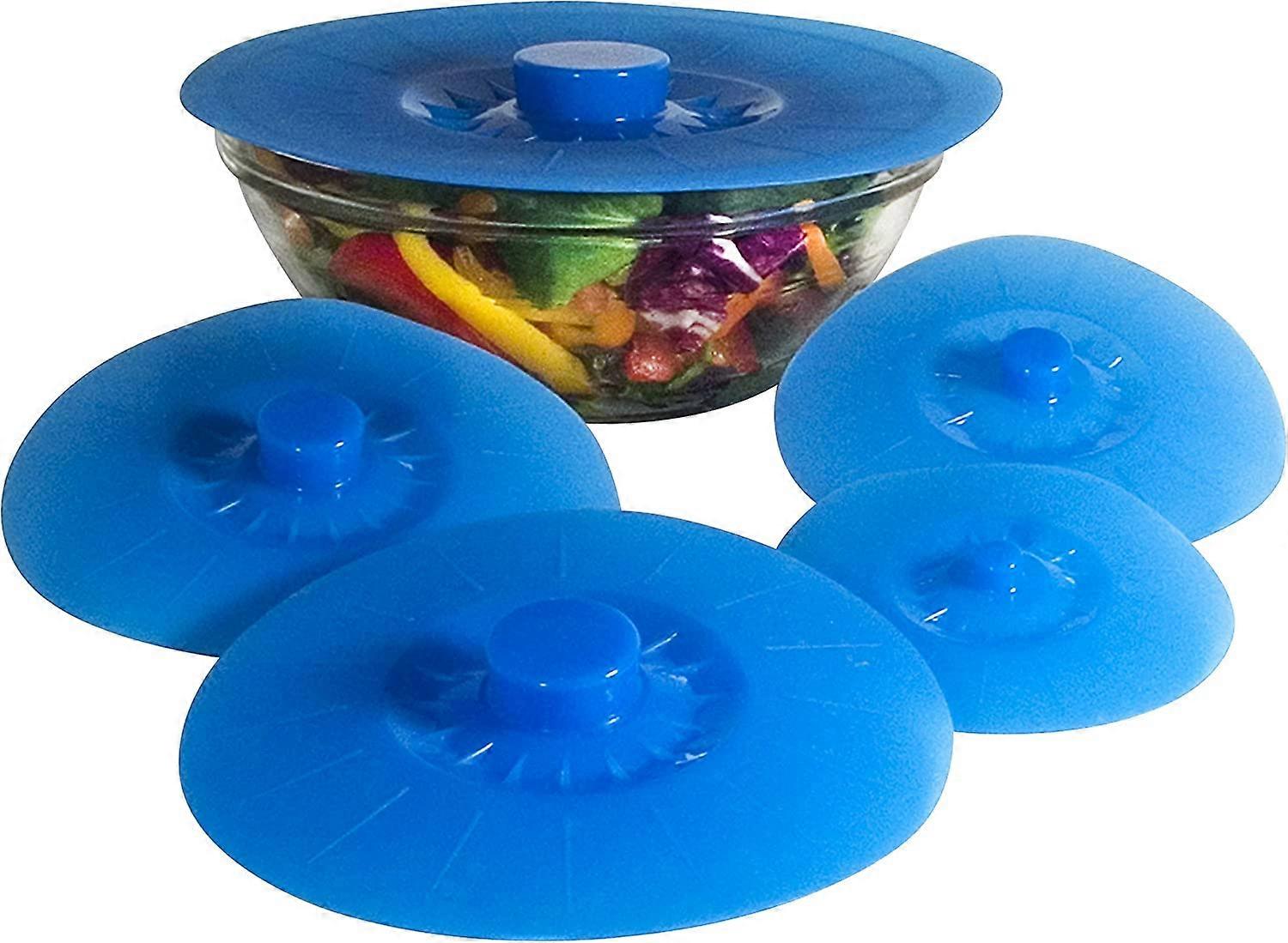 Silicone Bowl Lids Blue Set of 5 Reusable Suction Seal Covers for Bowls, Pots, Cups. Food Safe. Natural grip, interlocking handles for easy use and st