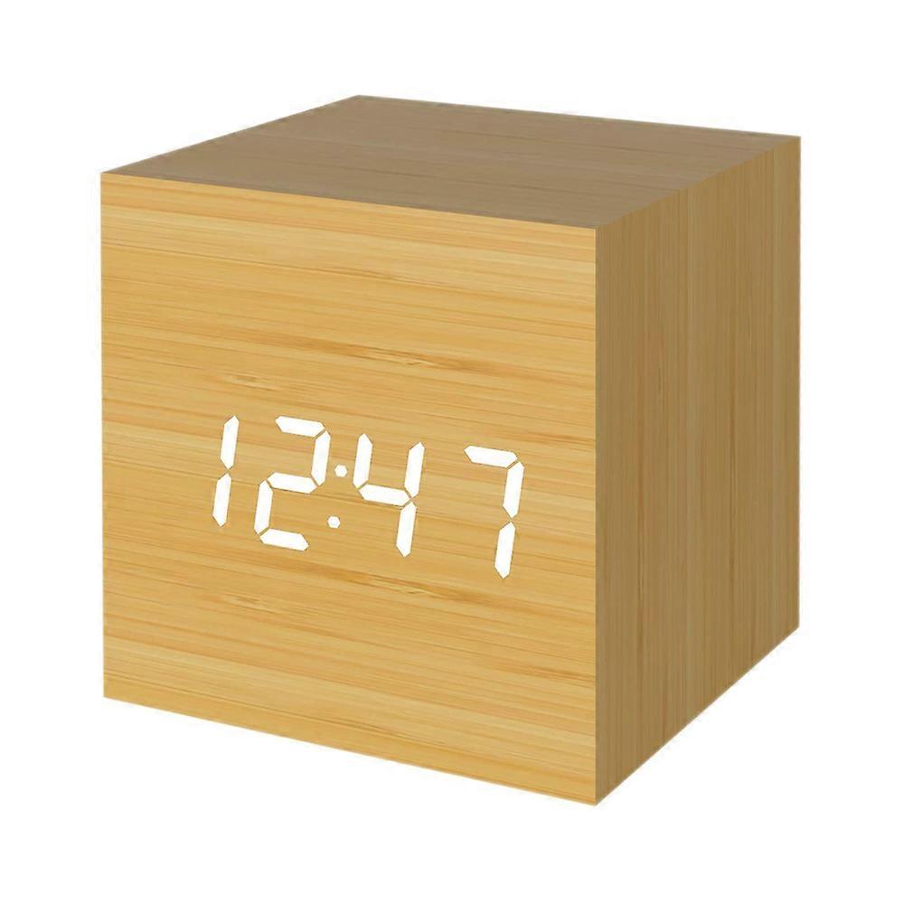 Digital Alarm Clock, Wood LED Light Mini Modern Cube Desk Alarm Clock Displays Time Date Temperature for Kids, Bedrooms, Home, Dormitory, Travel