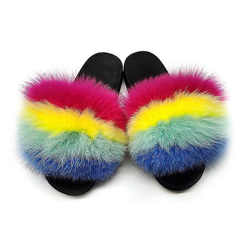 Evago Fur Slides Slippers Furry Fuzzy Slides Open Toe Fluffy Slides Fox Fur Feather Sandals Fur Slip On Shoes For Women