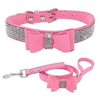 Dog Collar, Cute Dazzling Sparkling Soft Suede Leather Dog Cat Rhinestone Collar Crystal Diamond Pet Dog Puppy Collar (1setpink)