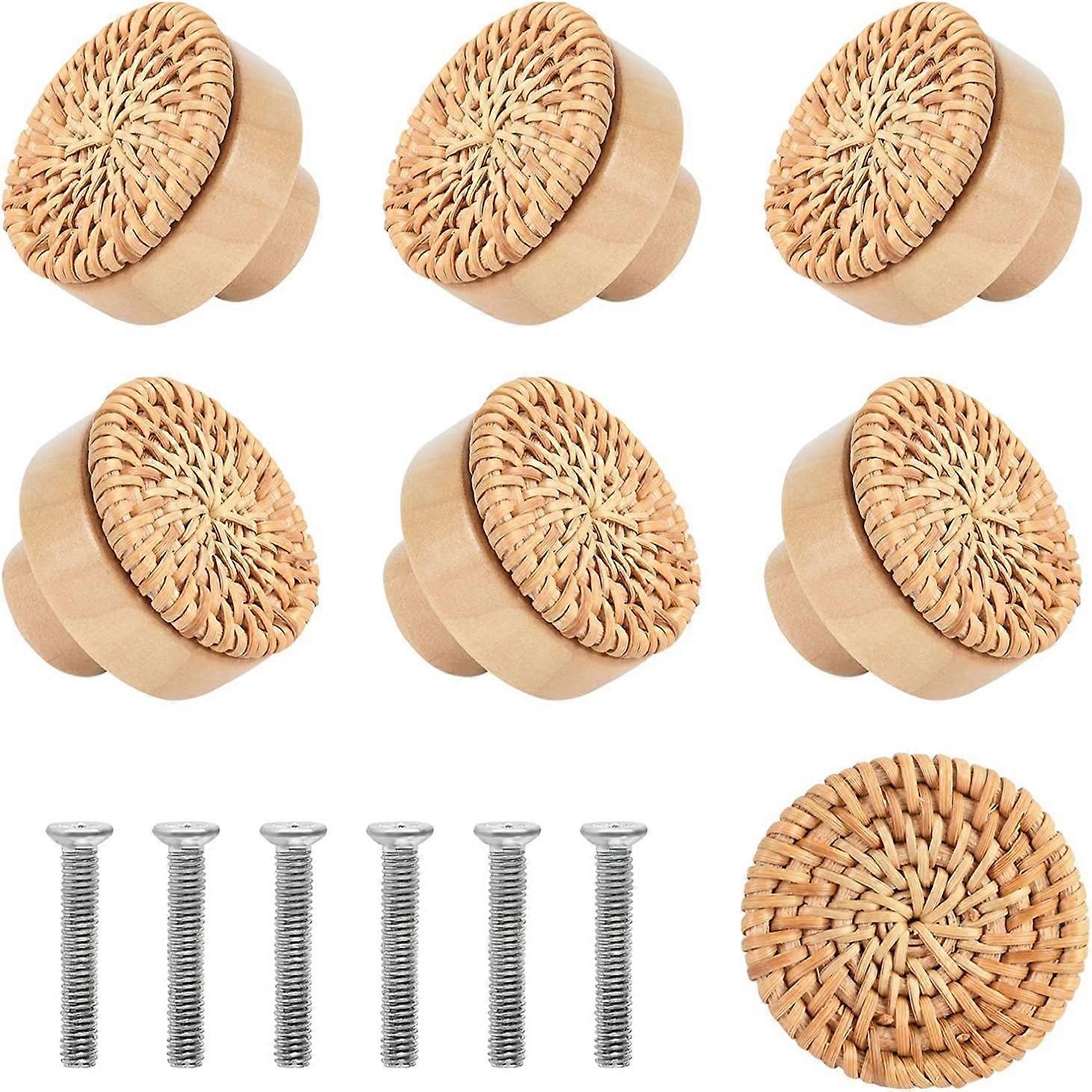 Round Rattan Cabinet Knobs with Screws, 6Pcs Wooden Drawer Knobs, 40mm Vintage Dresser Knobs