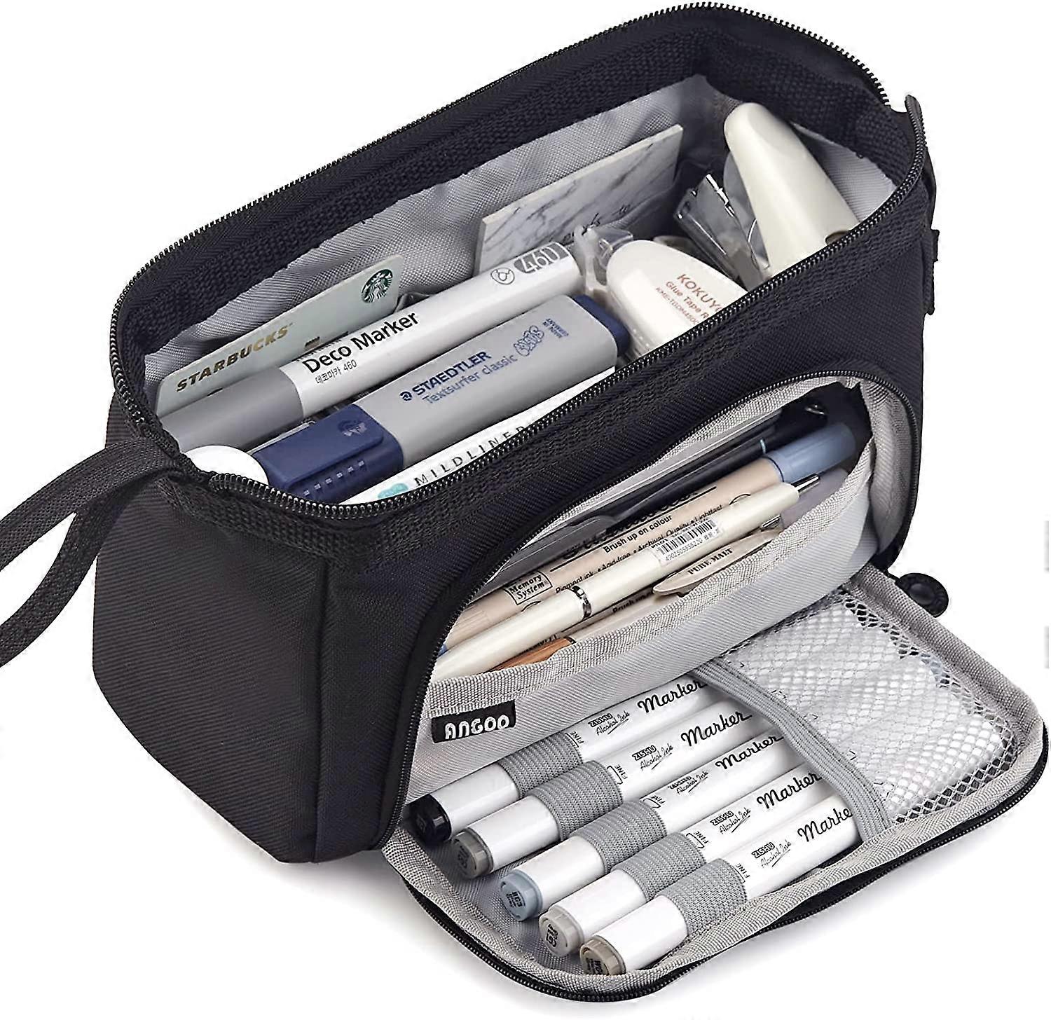 Étui à Crayons Grande Capacité à Main 3 Compartiments Pochette à Crayons Grand Sac à Crayons En Toile De Rangement Portable Pour Garçons Filles Adultes Étudiants Bureau D'Affaires (Rose