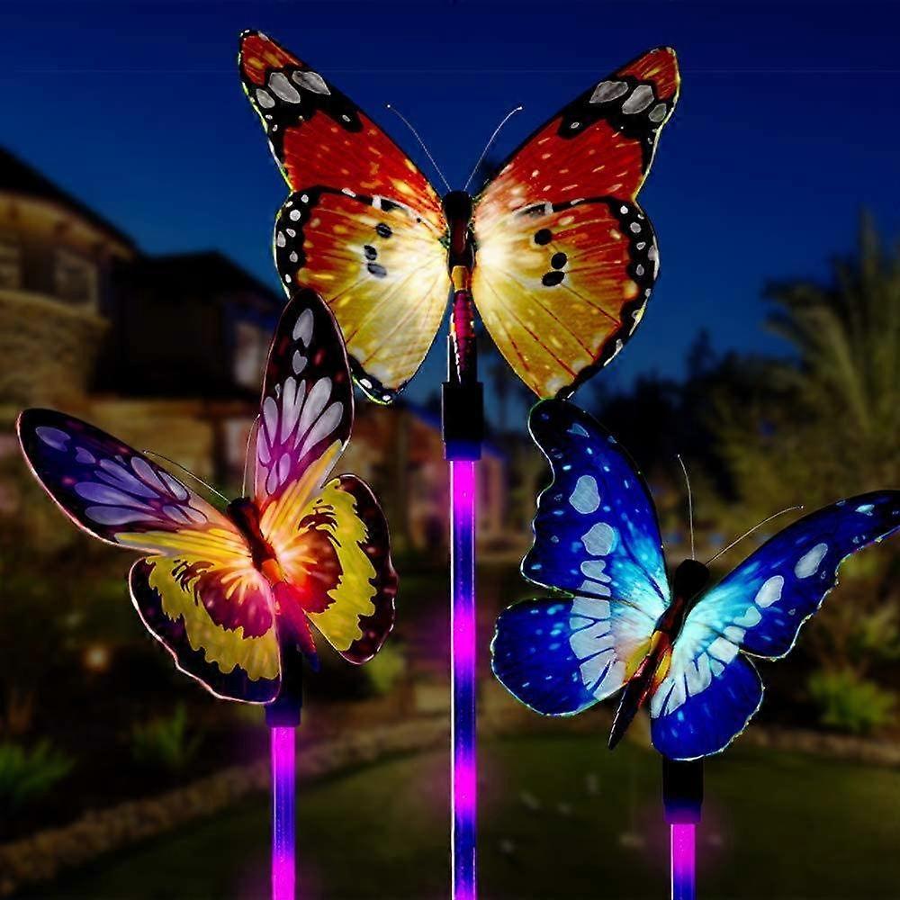 Butterfly Garden Solar Lights Outdoor,3 Pack Butterfly Stake Lights,Multi-Color Changing LED Landscape Lighting Fiber Optic Butterfly Outdoor Party De