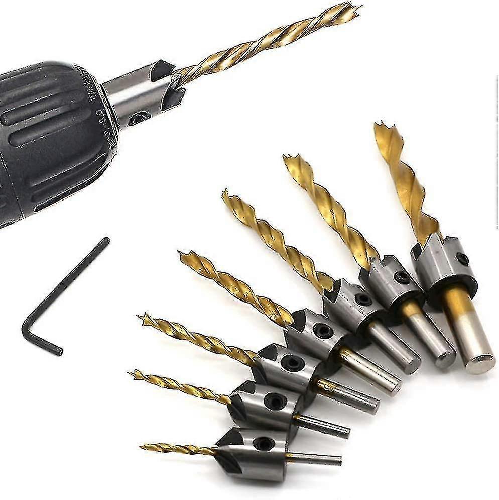 7pcs Woodworking Drill Bit With Countersink, Helical Countersink Woodworking Countersink Woodworking Drill Bit Titanium Plating,with L-wrench Flute Ta