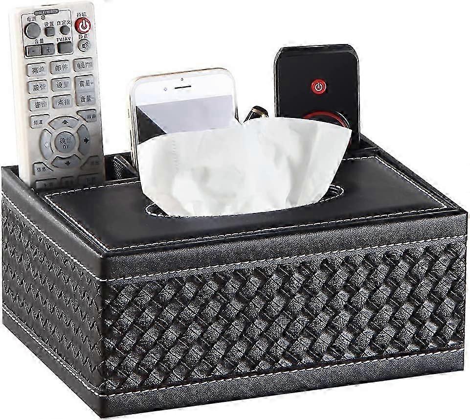 Leather Weave Tissue Box with Remote Control Napkin Holder (Black)