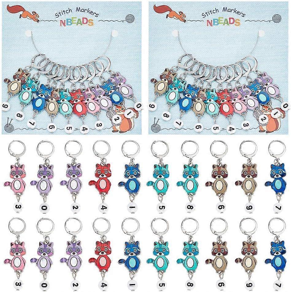 20 Pcs Raccoon with Number Stitch Markers Alloy Enamel Crochet Stitch Marker Charms Locking Stitch Marker with 304 Stainless Steel Leverback for Knitt