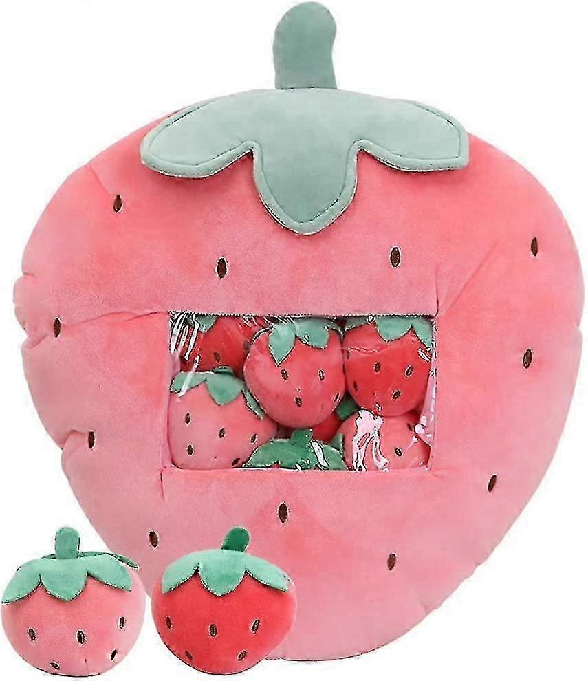 Pillow toy, Strawberry - shaped plush pillow with a transparent pocket filled with small strawberry - themed plush toys, soft and cute