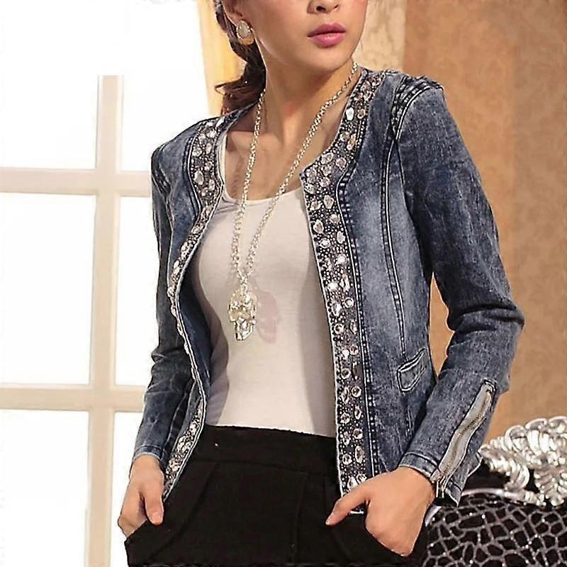 Spring and Fall Clothing Stretch Denim Rhinestone Sequins Retro Short Denim Jacket