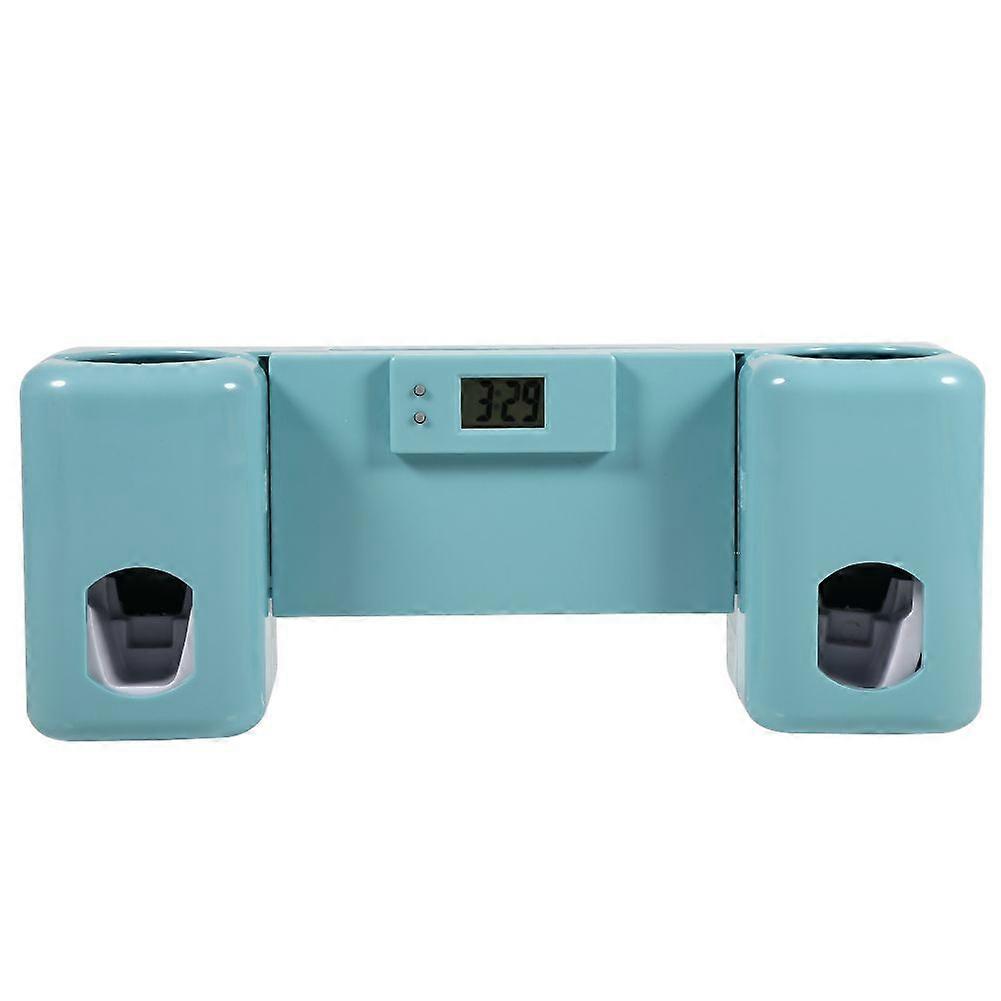 Auto Toothpaste Dispenser + Tooth Brush Holder Wall Mount Stand W/Clock Bath Accessories (Blue)