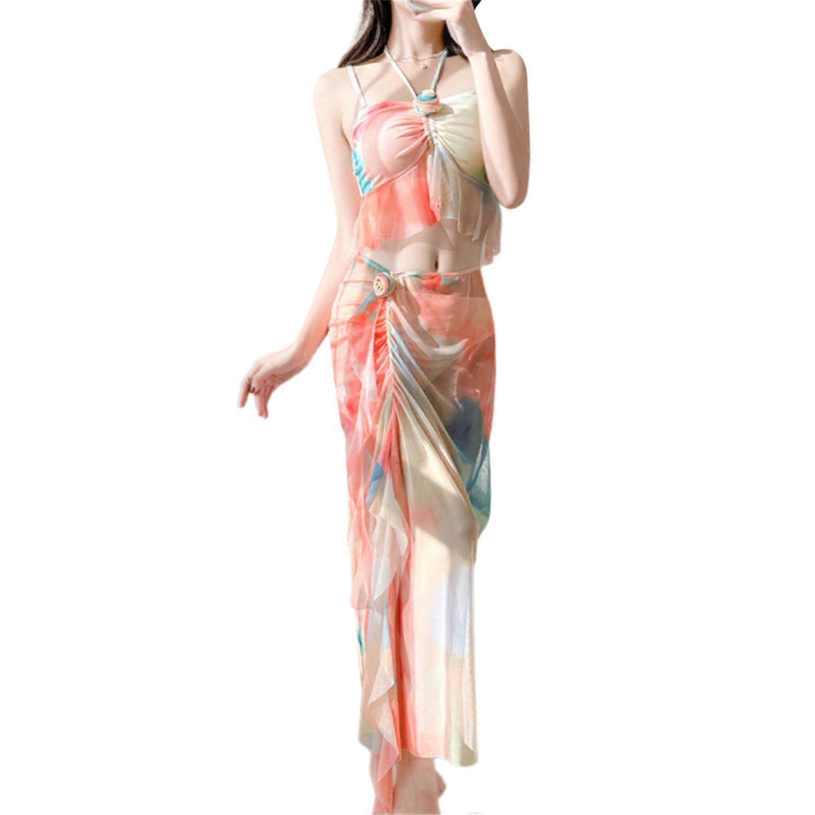 Kvinnor 3 st Split Baddräkter med Strandkjol Push Up Badkläder Blommig Tryck Baddräkt för semester Strandkläder Rosa S