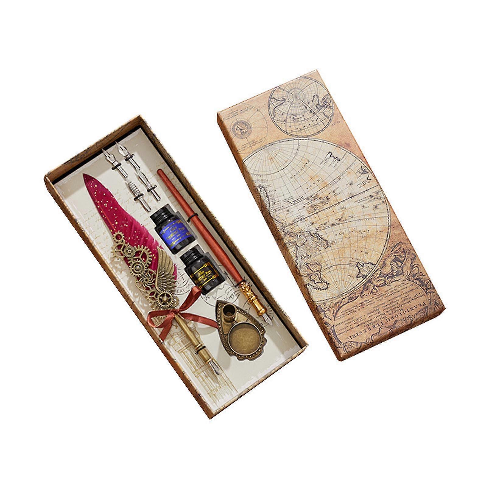 Feather Pen Set Calligraphy Pen Fountain Dip Feather Pen and Ink- Nips- Set with Inkwell- Stand Signature Pen wine red