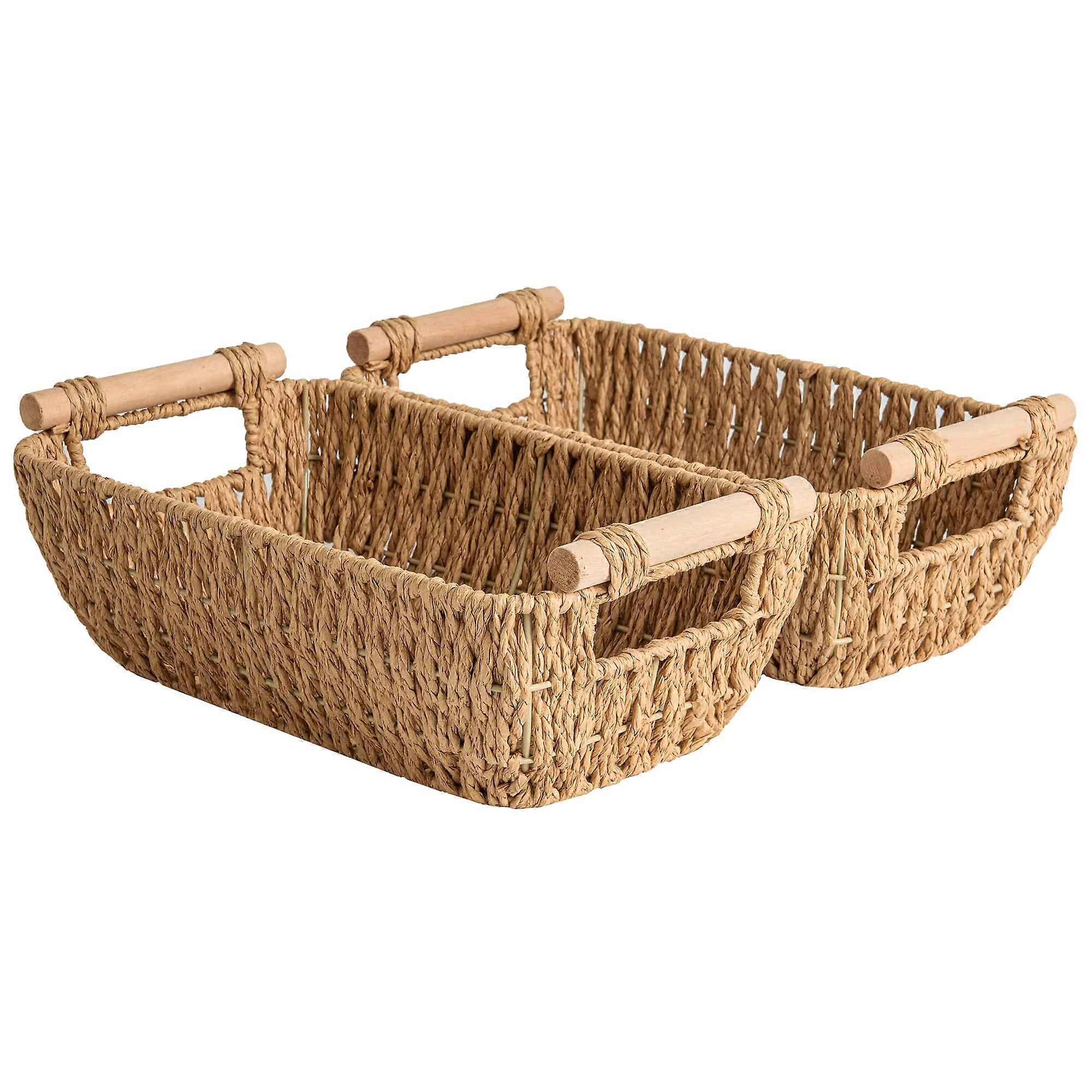 2 Pack Hand-Woven Small Wicker Round Paper Rope Baskets for Storage Light Brown