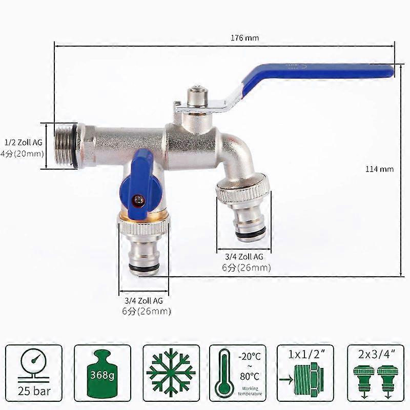 Garden tap, 1/2 double outlet tap, brass, rust and frost resistant, with 2 3/4 outlets, 1 waterproof strap with drum, Double connection and hose conne