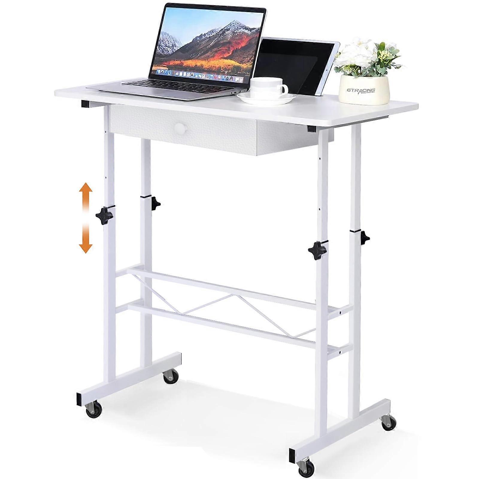 Small Standing Desk Adjustable Height Mobile Rolling Laptop Table for Home Office Workstation, Compact Size, White Finish
