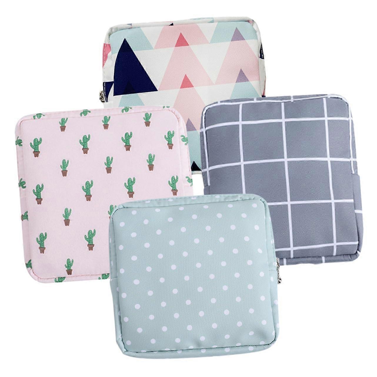Embroidered Sanitary Napkin Bag Set of 4 Multi-Compartment Storage Case Zippered Period Organizer for Women