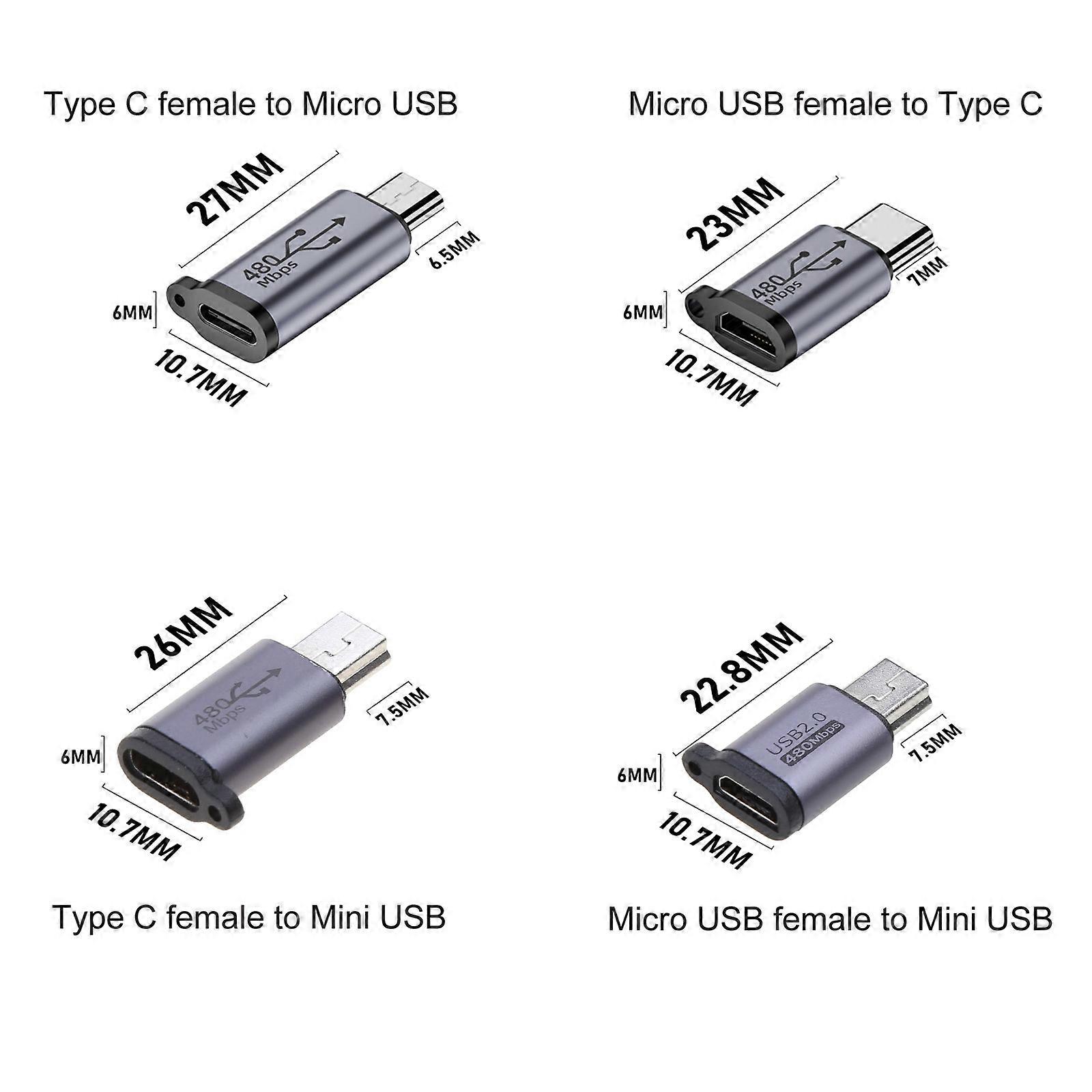 Mikro USB'den Mini USB'ye Type-C Adaptörü Usb-C Dişiden Mikro Usb Erkek Dönüştürücü Konnektör Alüminyum Alaşımlı Çok Renkli