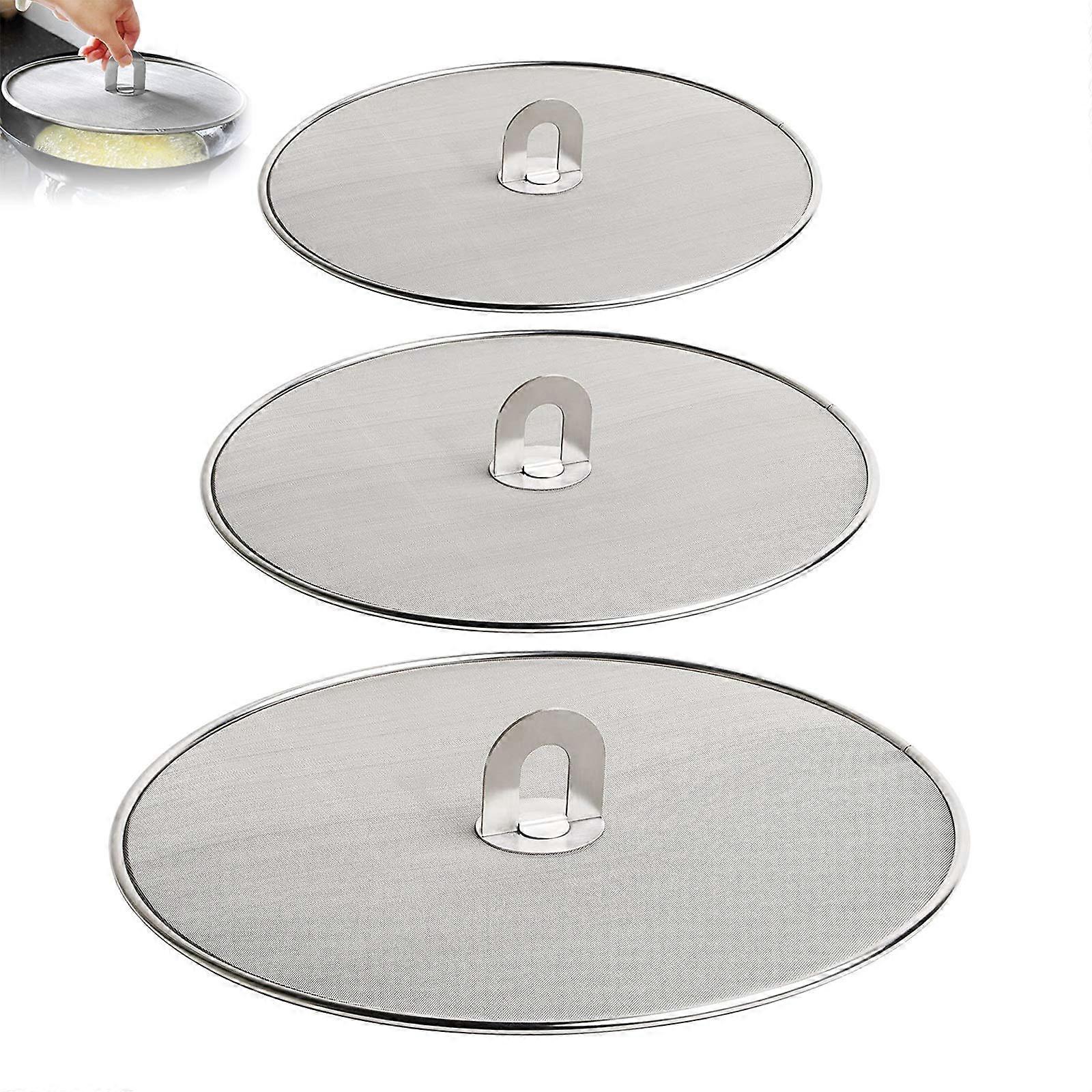 Stainless Steel Splash Guards Pack of 3, Multifunctional Oil Strainer and Frying Pan Lid with Folding Handle and Grease Resistance