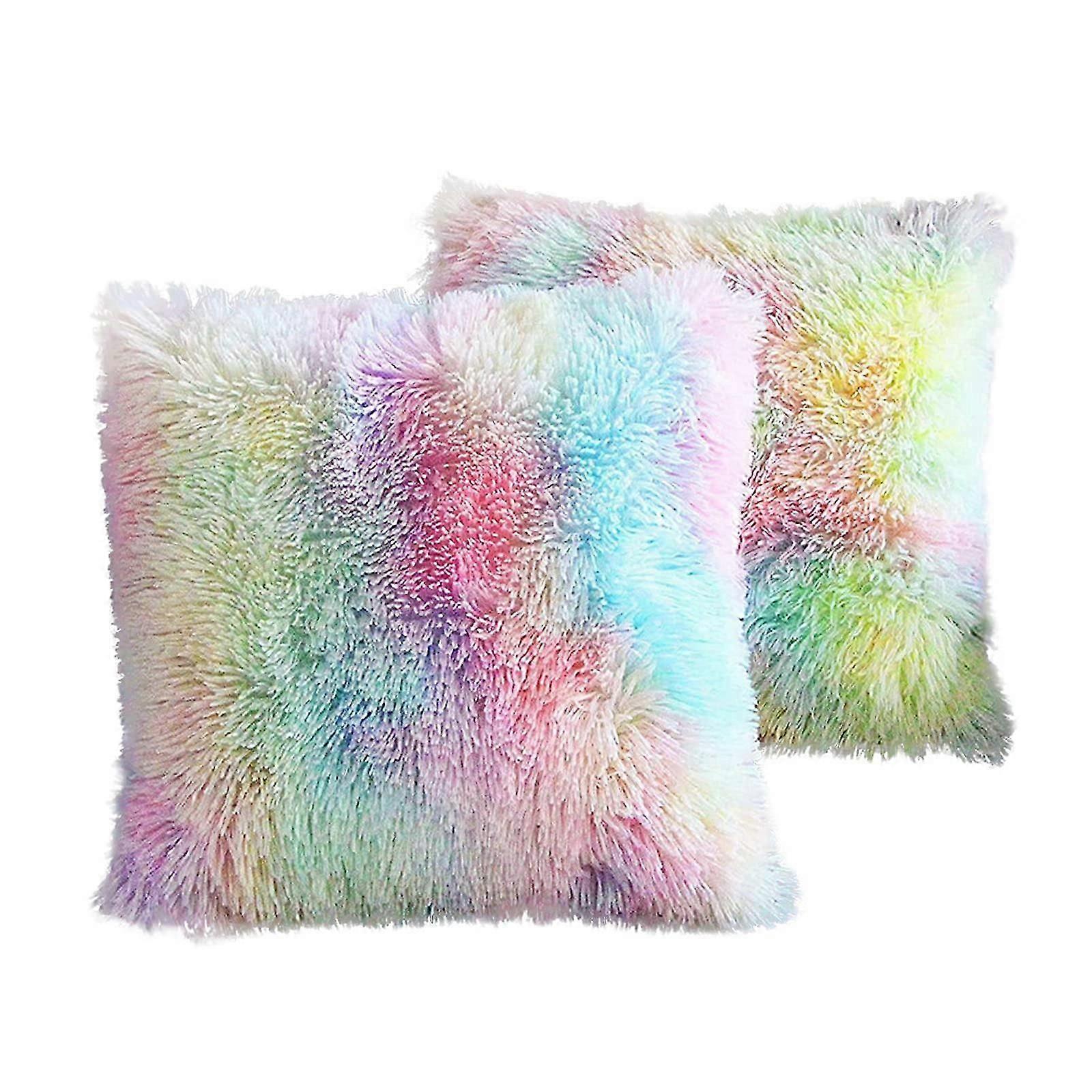 Decorative Cuddly Pillowcases Set - Faux Fur Rainbow Plush Pillow 40 x 40 cm Pack of 2