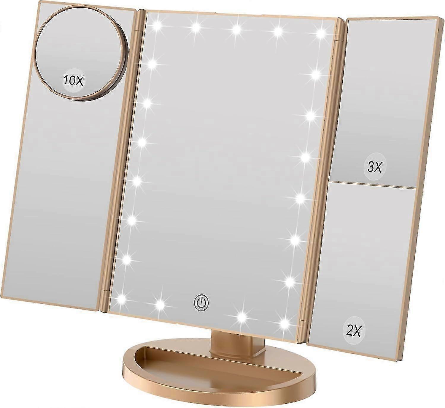 Tri-fold makeup mirror, 21 LEDs and 2X/3X magnification, touch switch to adjust brightness (Gold)