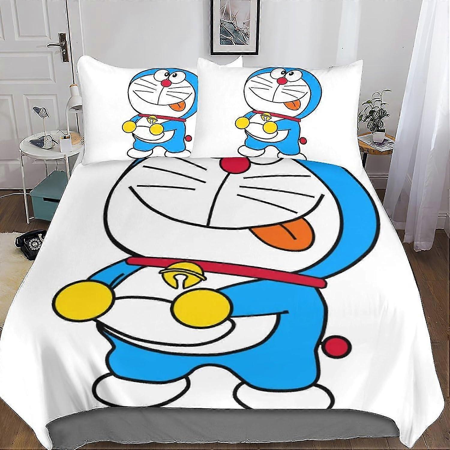 Conjunto de cama inspirado em Doraemon Capa de edredão 3 peças macia respirável bonito Anime Colcha com fecho de zíper