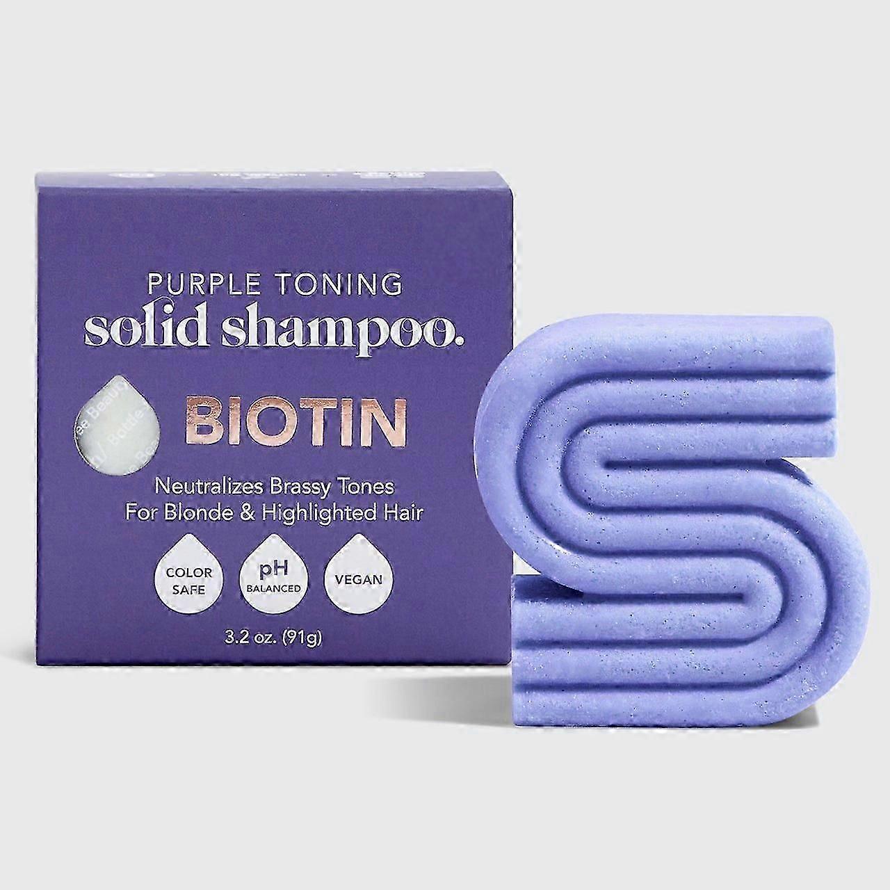 Szampon w kostce Biotin Purple neutralizuje miedziane i żółte tony do włosów blond, srebrzysto-siwych z pasemkami, szampon w kostce w stałej postaci do włosów farbowanych