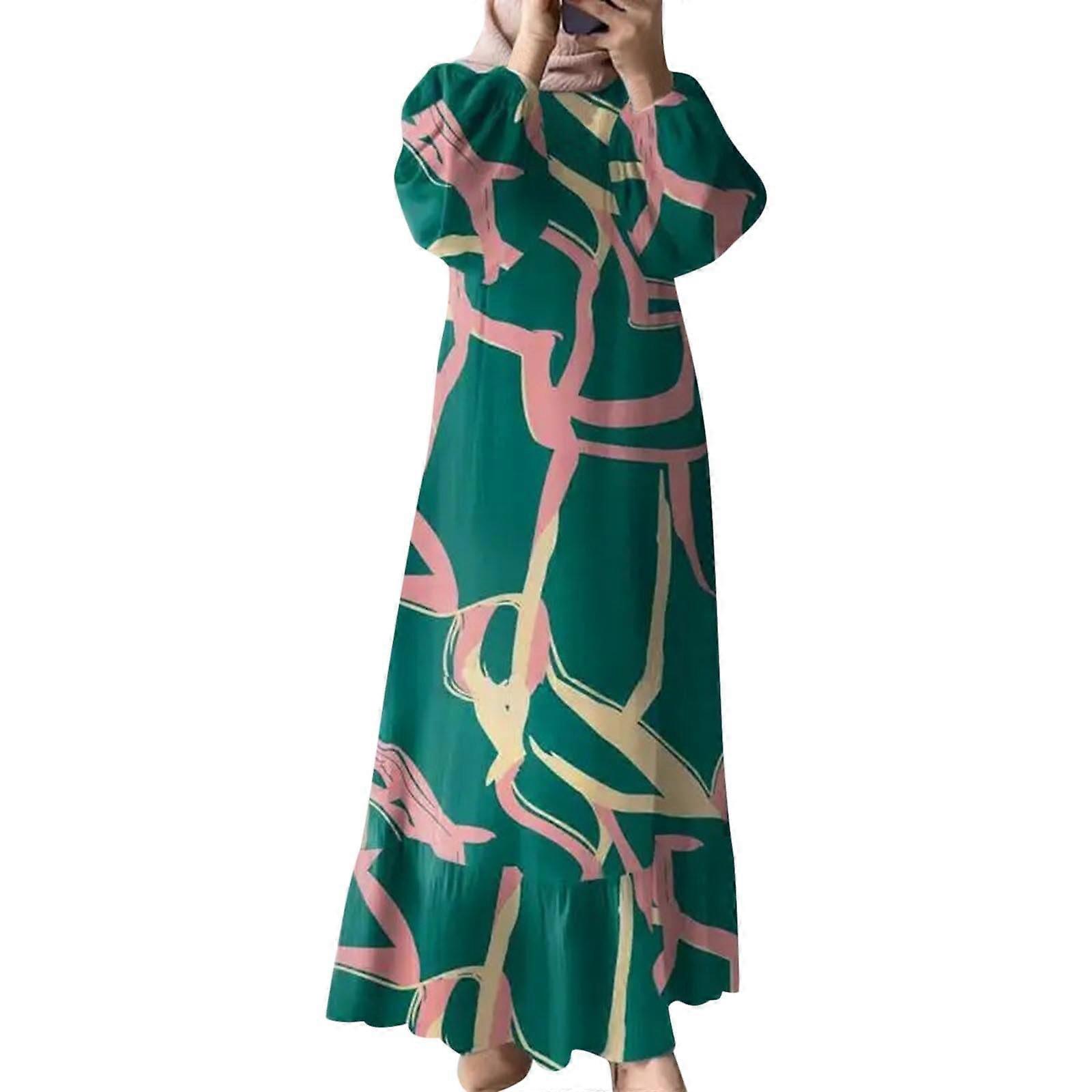 Abaya Dress for Women Long Sleeve Muslim Kaftan in Green with Banana Leaf Print, Casual Prayer Clothes for Girls, 2024