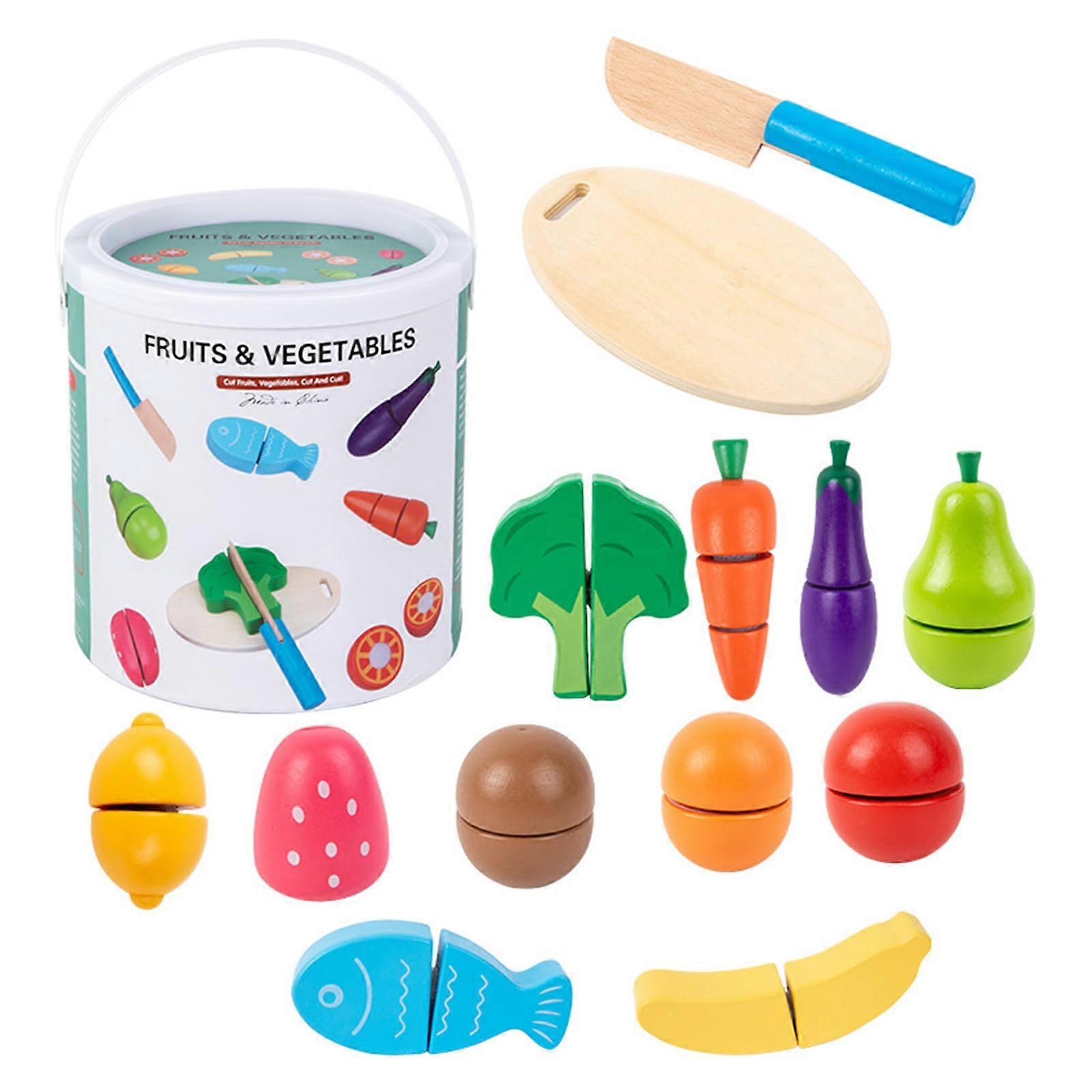 Wooden Pretend Play Food Cutting Set with Storage Bucket for Toddler Early Learning
