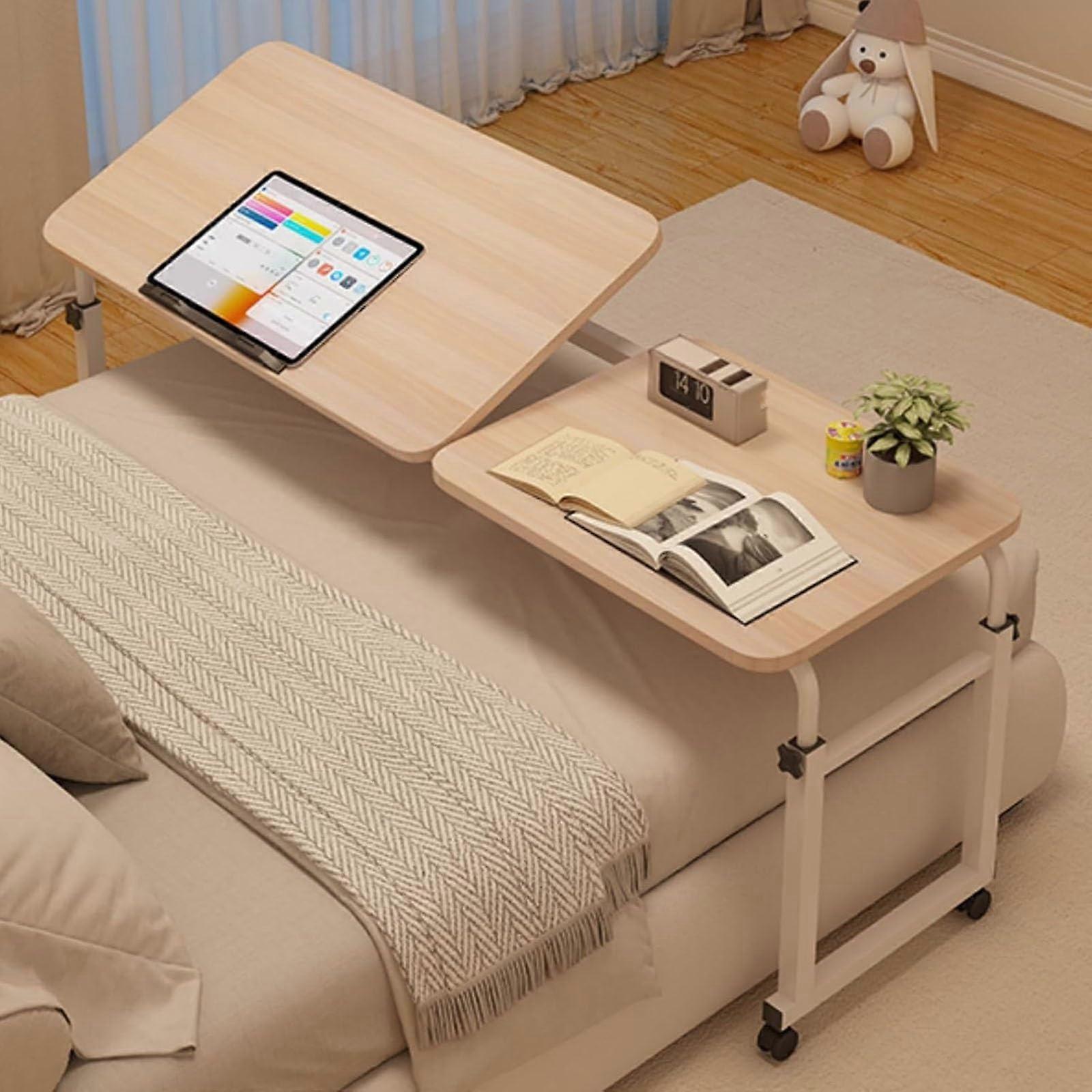 Overbed Nightstand with Wheels, Adjustable Length and Height (Natural)
