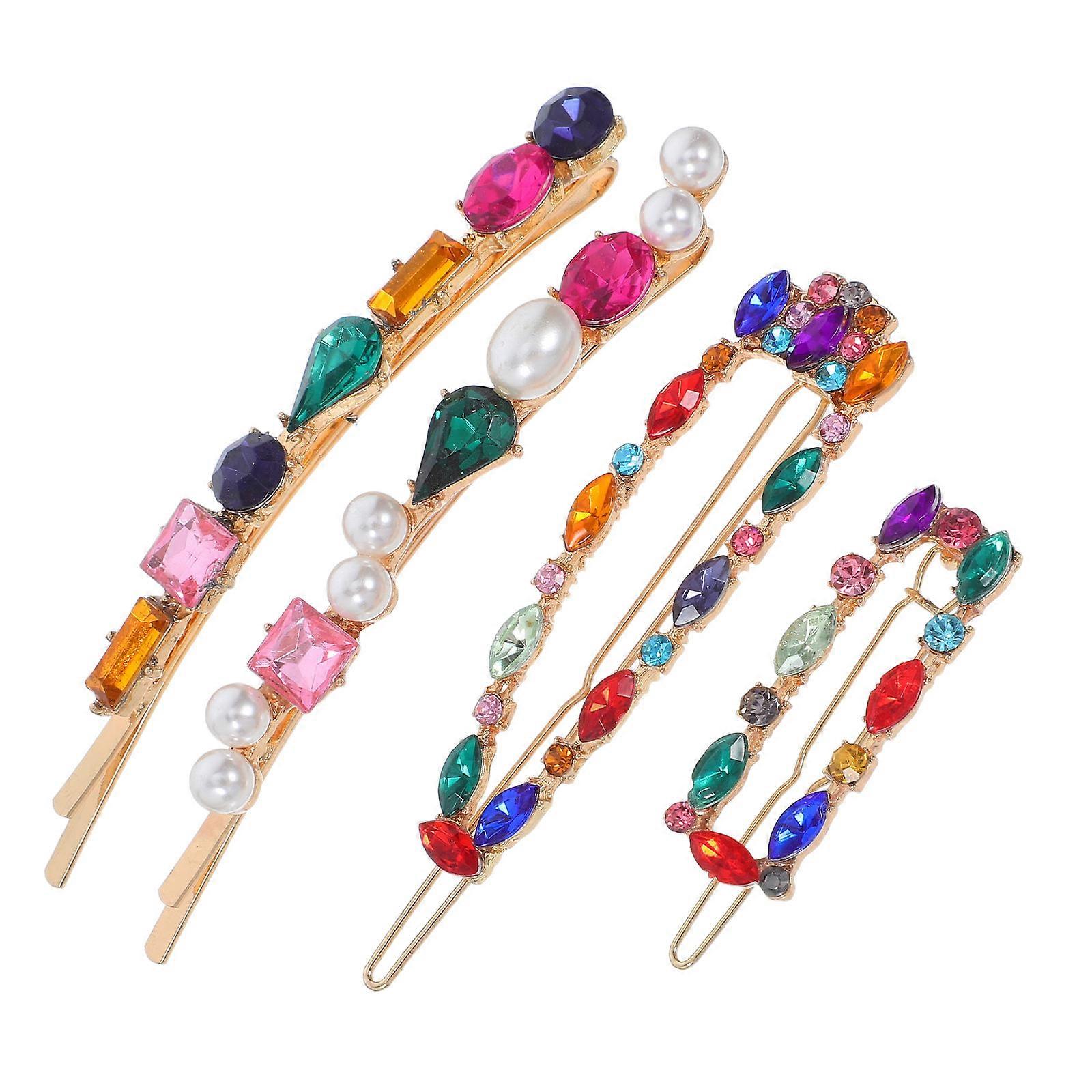 Here's a polished and professional product description based on your input:
 
**4PCS Stylish Rhinestone Hair Clips – Colorful Bang Hairpins for