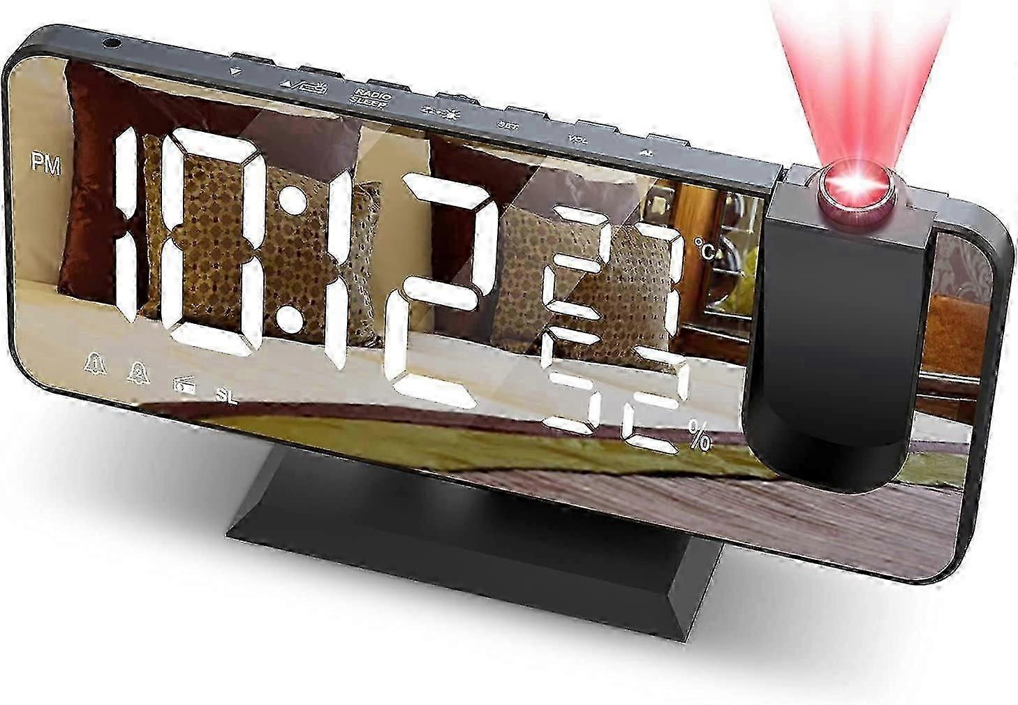 Alarm Clock Projector Ceiling Radio Alarm Clock with LED Mirror Screen USB Charg -1 hwy