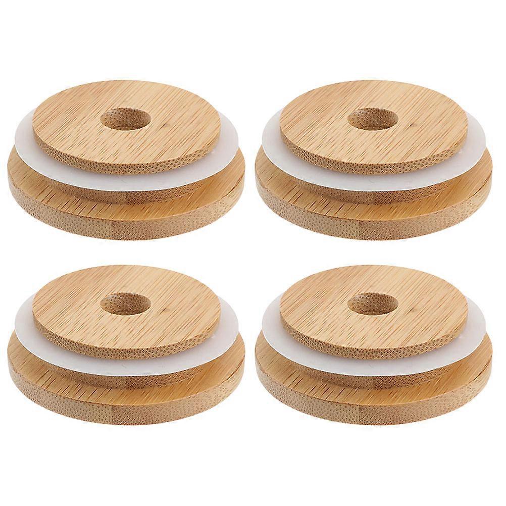 Bamboo Mason Jar Lid with Straw Hole for Bottle Use Beige Color Sturdy and 4 Pieces