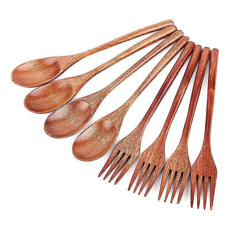 8Pcs Wooden Spoons Forks Set, Japanese Style Wooden Utensil Set, B